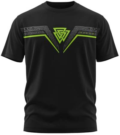 NØRTH Legendary Herren T-Shirt - Valknut Wotansknoten Brust Aufdruck, nordische Wikinger Walhalla Geschenke für Männer, Odin Thor Valhalla Viking Shirt, Farbe:Schwarz/Grün, Größe:4XL von vanVerden