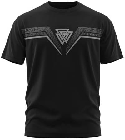 NØRTH Legendary Herren T-Shirt - Valknut Wotansknoten Brust Aufdruck, nordische Wikinger Walhalla Geschenke für Männer, Odin Thor Valhalla Viking Shirt, Farbe:Schwarz/Stahlgrau, Größe:XL von vanVerden