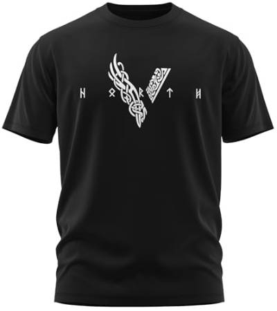 NØRTH Legendary Herren T-Shirt - Wikinger V - Viking Schrift Brust Aufdruck, nordische Wikinger Walhalla Geschenke für Männer, Odin Thor Valhalla Viking Shirt, Farbe:Schwarz/Weiß, Größe:4XL von vanVerden