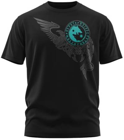 NØRTH Legendary Herren T-Shirt - Wölfe Skalli und Hatti Brust Aufdruck, nordische Wikinger Walhalla Geschenke für Männer, Odin Thor Valhalla Viking Shirt, Farbe:Schwarz/Petrol, Größe:3XL von vanVerden