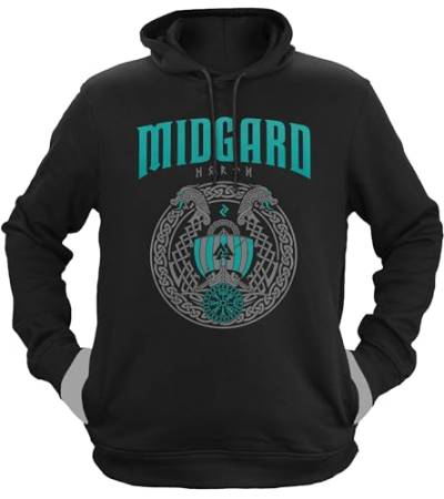 NØRTH Legendary Herren Hoodie mit Kapuze - Midgard - Floki Drachenboot - nordische Wikinger Walhalla Geschenke für Männer, Valhalla Viking Herren Pullover, Farbe:Schwarz/Petrol, Größe:S von vanVerden