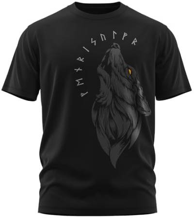 NØRTH Legendary Herren T-Shirt - Fenriswolf 1.0 Fenrir Wolf Brust Aufdruck, nordische Wikinger Walhalla Geschenke für Männer, Odin Thor Valhalla Viking Shirt, Farbe:Schwarz/Gelb, Größe:5XL von vanVerden