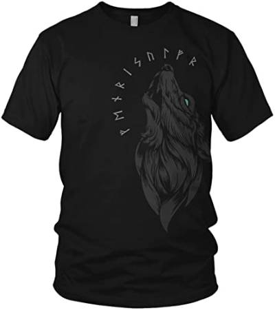 NØRTH Legendary Herren T-Shirt - Fenriswolf 1.0 Fenrir Wolf Brust Aufdruck, nordische Wikinger Walhalla Geschenke für Männer, Odin Thor Valhalla Viking Shirt, Farbe:Schwarz/Petrol, Größe:L von vanVerden