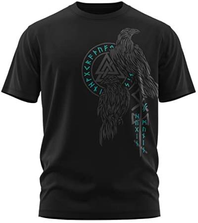 NØRTH Legendary Herren T-Shirt - Hugin und Munin Odin Raben Brust Aufdruck, nordische Wikinger Walhalla Geschenke für Männer, Odin Thor Valhalla Viking Shirt, Farbe:Schwarz/Petrol, Größe:L von vanVerden