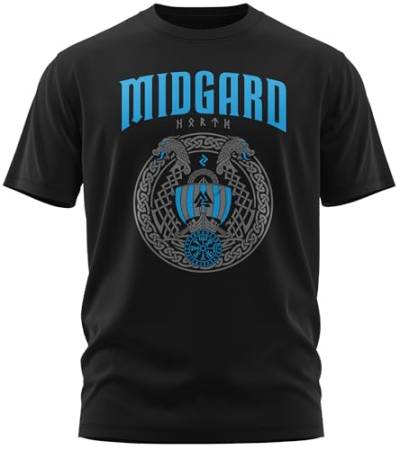 NØRTH Legendary Herren T-Shirt - Midgard - Floki Drachenboot Brust Aufdruck, nordische Wikinger Walhalla Geschenke für Männer, Odin Thor Valhalla Viking Shirt, Farbe:Schwarz/Blau, Größe:XXL von vanVerden