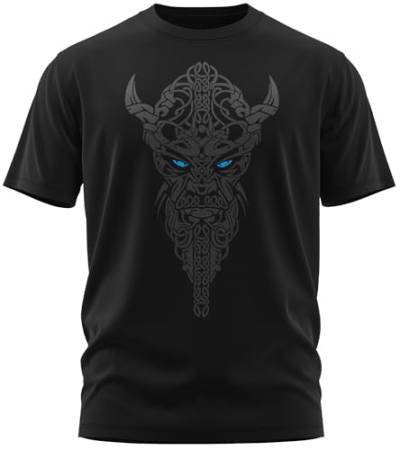 NØRTH Legendary Herren T-Shirt - Nordmann Celtic Knotwork Brust Aufdruck, nordische Wikinger Walhalla Geschenke für Männer, Odin Thor Valhalla Viking Shirt, Farbe:Schwarz/Blau, Größe:4XL von vanVerden