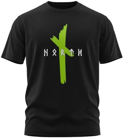 NØRTH Legendary Herren T-Shirt - Original North Runen Logo Brust Aufdruck, nordische Wikinger Walhalla Geschenke für Männer, Odin Thor Valhalla Viking Shirt, Farbe:Schwarz/Grün, Größe:XXL von vanVerden