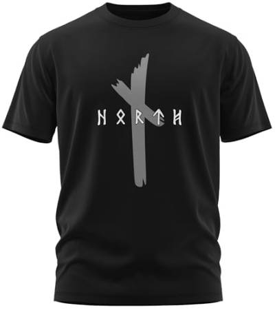 NØRTH Legendary Herren T-Shirt - Original North Runen Logo Brust Aufdruck, nordische Wikinger Walhalla Geschenke für Männer, Odin Thor Valhalla Viking Shirt, Farbe:Schwarz/Stahlgrau, Größe:S von vanVerden