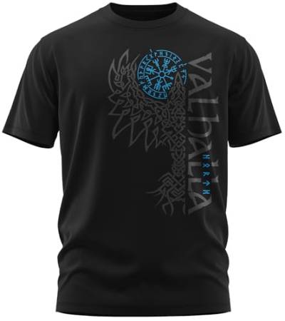 NØRTH Legendary Herren T-Shirt - Valhalla Odin Rabe Hugin Munin Brust Aufdruck, nordische Wikinger Walhalla Geschenke für Männer, Odin Thor Valhalla Viking Shirt, Farbe:Schwarz/Blau, Größe:L von vanVerden