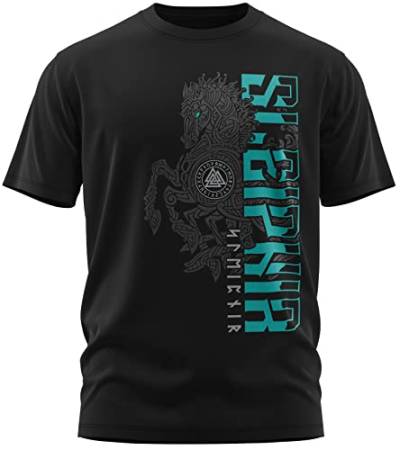 NØRTH Legendary Herren T-Shirt - Sleipnir Pferd 8 Beinen Brust Aufdruck, nordische Wikinger Walhalla Geschenke für Männer, Odin Thor Valhalla Viking Shirt, Farbe:Schwarz/Petrol, Größe:5XL von vanVerden