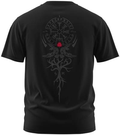 NØRTH Legendary Herren T-Shirt - Vegvisir Weltesche Weltenbaum Rücken Design, nordische Wikinger Walhalla Geschenke für Männer, Odin Thor Valhalla Viking Shirt, Farbe:Schwarz/Blutrot, Größe:S von vanVerden