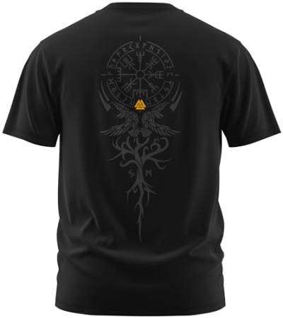 NØRTH Legendary Herren T-Shirt - Vegvisir Weltesche Weltenbaum Rücken Design, nordische Wikinger Walhalla Geschenke für Männer, Odin Thor Valhalla Viking Shirt, Farbe:Schwarz/Gelb, Größe:M von vanVerden