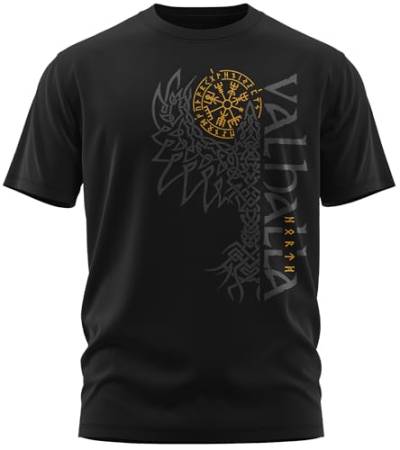 NØRTH Legendary Herren T-Shirt - Valhalla Odin Rabe Hugin Munin Brust Aufdruck, nordische Wikinger Walhalla Geschenke für Männer, Odin Thor Valhalla Viking Shirt, Farbe:Schwarz/Gelb, Größe:M von vanVerden