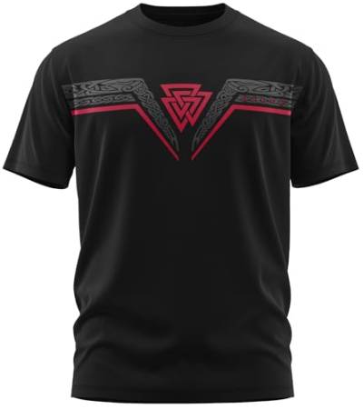 NØRTH Legendary Herren T-Shirt - Valknut Wotansknoten Brust Aufdruck, nordische Wikinger Walhalla Geschenke für Männer, Odin Thor Valhalla Viking Shirt, Farbe:Schwarz/Blutrot, Größe:XL von vanVerden