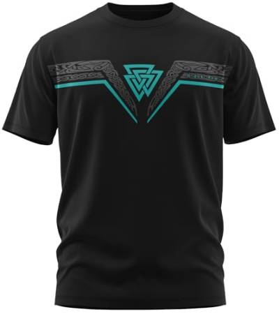 NØRTH Legendary Herren T-Shirt - Valknut Wotansknoten Brust Aufdruck, nordische Wikinger Walhalla Geschenke für Männer, Odin Thor Valhalla Viking Shirt, Farbe:Schwarz/Petrol, Größe:4XL von vanVerden