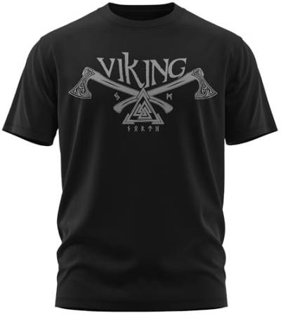 NØRTH Legendary Herren T-Shirt - Valknut Krieger Äxte Brust Aufdruck, nordische Wikinger Walhalla Geschenke für Männer, Odin Thor Valhalla Viking Shirt, Farbe:Schwarz/Stahlgrau, Größe:3XL von vanVerden