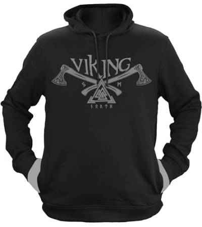 NØRTH Legendary Herren Hoodie mit Kapuze - Valknut Krieger Äxte - nordische Wikinger Walhalla Geschenke für Männer, Valhalla Viking Herren Pullover, Farbe:Schwarz/Stahlgrau, Größe:L von vanVerden