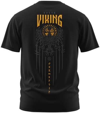 NØRTH Legendary Herren T-Shirt - Yggdrasil 9 Welten Weltenbaum Rücken Design, nordische Wikinger Walhalla Geschenke für Männer, Odin Thor Valhalla Viking Shirt, Farbe:Schwarz/Gelb, Größe:L von vanVerden