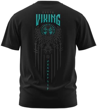 NØRTH Legendary Herren T-Shirt - Yggdrasil 9 Welten Weltenbaum Rücken Design, nordische Wikinger Walhalla Geschenke für Männer, Odin Thor Valhalla Viking Shirt, Farbe:Schwarz/Petrol, Größe:XL von vanVerden