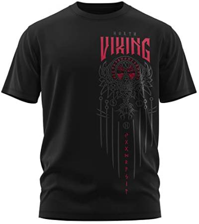 NØRTH Legendary Herren T-Shirt - Yggdrasil 9 Welten Weltenbaum Brust Aufdruck, nordische Wikinger Walhalla Geschenke für Männer, Odin Thor Valhalla Viking, Farbe:Schwarz/Blutrot, Größe:4XL von vanVerden