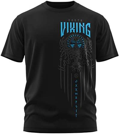 NØRTH Legendary Herren T-Shirt - Yggdrasil 9 Welten Weltenbaum Brust Aufdruck, nordische Wikinger Walhalla Geschenke für Männer, Odin Thor Valhalla Viking, Farbe:Schwarz/Blau, Größe:5XL von vanVerden