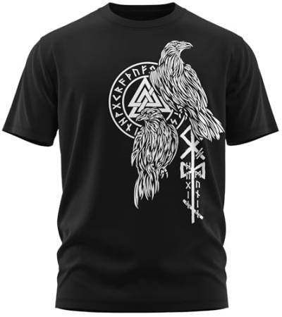 NØRTH Legendary Herren T-Shirt - Hugin und Munin Odin Raben Brust Aufdruck, nordische Wikinger Walhalla Geschenke für Männer, Odin Thor Valhalla Viking Shirt, Farbe:Schwarz/Weiß, Größe:3XL von vanVerden