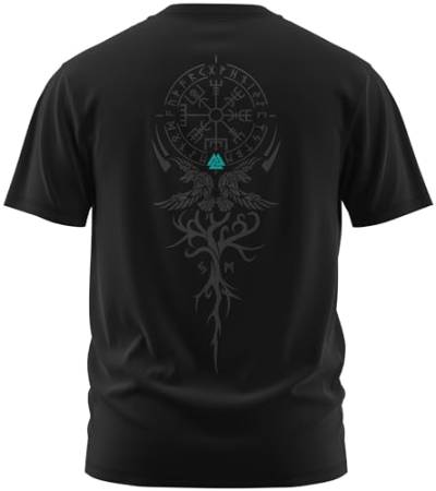 NØRTH Legendary Herren T-Shirt - Vegvisir Weltesche Weltenbaum Rücken Design, nordische Wikinger Walhalla Geschenke für Männer, Odin Thor Valhalla Viking Shirt, Farbe:Schwarz/Petrol, Größe:S von vanVerden