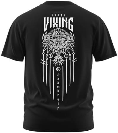 NØRTH Legendary Herren T-Shirt - Yggdrasil 9 Welten Weltenbaum Rücken Design, nordische Wikinger Walhalla Geschenke für Männer, Odin Thor Valhalla Viking Shirt, Farbe:Schwarz/Weiß, Größe:XL von vanVerden