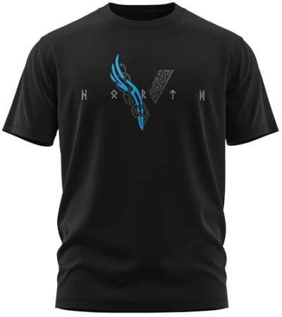 NØRTH Legendary Herren T-Shirt - Wikinger V - Viking Schrift Brust Aufdruck, nordische Wikinger Walhalla Geschenke für Männer, Odin Thor Valhalla Viking Shirt, Farbe:Schwarz/Blau, Größe:M von vanVerden