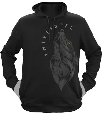 NØRTH Legendary Herren Hoodie mit Kapuze - Fenriswolf 1.0 Fenrir Wolf - nordische Wikinger Walhalla Geschenke für Männer, Valhalla Viking Herren Pullover, Farbe:Schwarz/Grün, Größe:XS von vanVerden