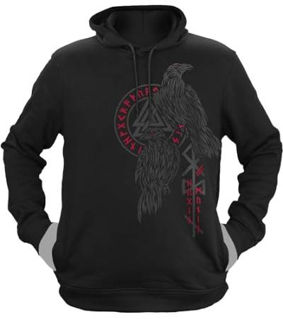 NØRTH Legendary Herren Hoodie mit Kapuze - Hugin und Munin Odin Raben - nordische Wikinger Walhalla Geschenke für Männer, Valhalla Viking Herren Pullover, Farbe:Schwarz/Blutrot, Größe:XL von vanVerden