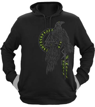 NØRTH Legendary Herren Hoodie mit Kapuze - Hugin und Munin Odin Raben - nordische Wikinger Walhalla Geschenke für Männer, Valhalla Viking Herren Pullover, Farbe:Schwarz/Grün, Größe:XL von vanVerden