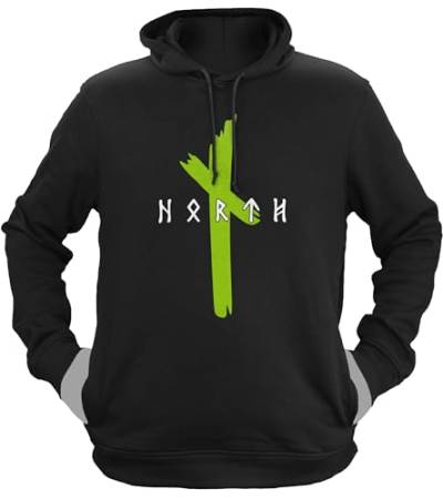 NØRTH Legendary Herren Hoodie mit Kapuze - Original North Runen Logo - nordische Wikinger Walhalla Geschenke für Männer, Valhalla Viking Herren Pullover, Farbe:Schwarz/Grün, Größe:L von vanVerden