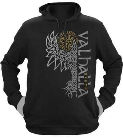 NØRTH Legendary Herren Hoodie mit Kapuze - Valhalla Odin Rabe Hugin Munin Gold/Silber Edition - nordische Wikinger Geschenke für Männer, Viking Herren Pullover, Farbe:Gold/Silber, Größe:S von vanVerden