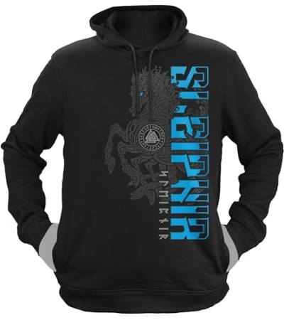 NØRTH Legendary Herren Hoodie mit Kapuze - Sleipnir Pferd 8 Beinen - nordische Wikinger Walhalla Geschenke für Männer, Valhalla Viking Herren Pullover, Farbe:Schwarz/Blau, Größe:3XL von vanVerden