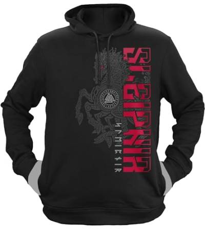 NØRTH Legendary Herren Hoodie mit Kapuze - Sleipnir Pferd 8 Beinen - nordische Wikinger Walhalla Geschenke für Männer, Valhalla Viking Herren Pullover, Farbe:Schwarz/Blutrot, Größe:XXL von vanVerden