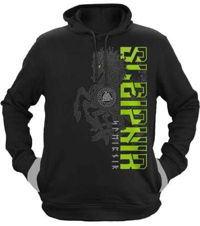 NØRTH Legendary Herren Hoodie mit Kapuze - Sleipnir Pferd 8 Beinen - nordische Wikinger Walhalla Geschenke für Männer, Valhalla Viking Herren Pullover, Farbe:Schwarz/Grün, Größe:XL von vanVerden