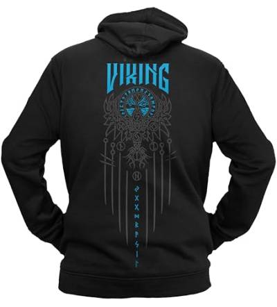 vanVerden NØRTH Legendary Herren Hoodie mit Kapuze - Vegvisir Weltesche Weltenbaum Rücken Aufdruck - nordische Wikinger Walhalla Geschenke für Männer, Valhalla Viking, Farbe:Schwarz/Blau, Größe:L von vanVerden