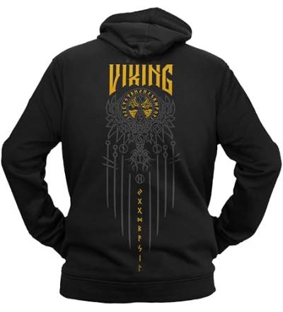 vanVerden NØRTH Legendary Herren Hoodie mit Kapuze - Vegvisir Weltesche Weltenbaum Rücken Aufdruck - nordische Wikinger Walhalla Geschenke für Männer, Valhalla Viking, Farbe:Schwarz/Gelb, Größe:XXL von vanVerden