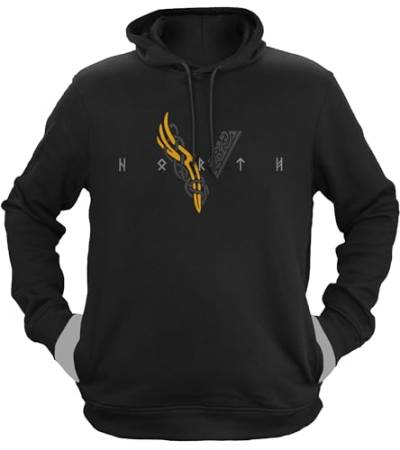 NØRTH Legendary Herren Hoodie mit Kapuze - Wikinger V - Viking Schrift - nordische Wikinger Walhalla Geschenke für Männer, Valhalla Viking Herren Pullover, Farbe:Schwarz/Gelb, Größe:M von vanVerden