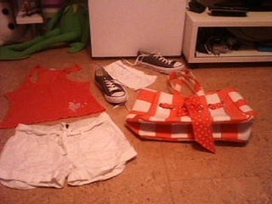 Gut für den Sommer? ;) Sorry wegen der miesen Qualität ;D Ist 'ne Strandtasche, eine weiße Short, ein orangenes sehr dünnes Top, ein Bandeau Top und graue Chucks! c: