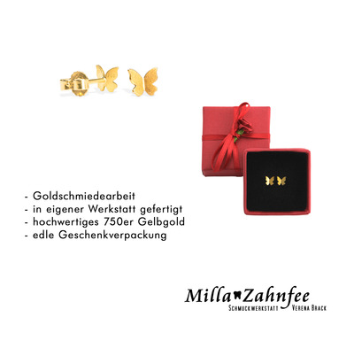 Kinderohrringe: Ohrstecker Schmetterling - 750 Gold von MillaZahnfee, Schmuckwerkstatt Verena Brack