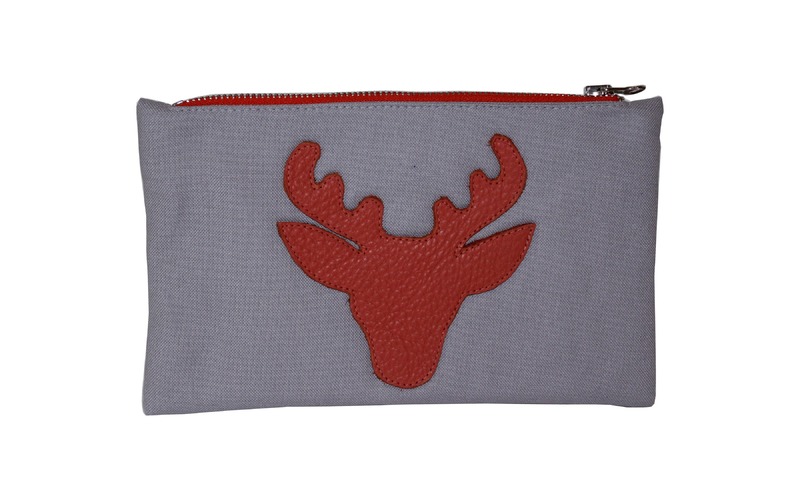 Stoff Clutch mit Hirschkopfmotiv in grau von Unikats-by-Sabine-Greim