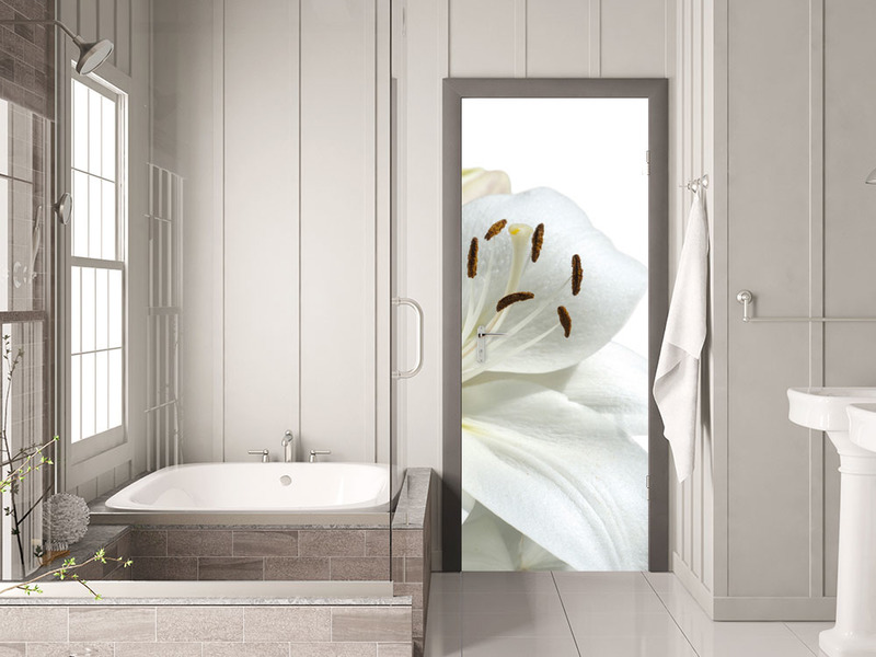 Türbild Türaufkleber Tür Deko Türposter weiße Blume Blüten Blätter Bad von GrazDesign