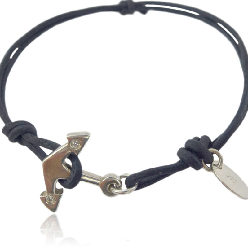 kleiner Anker Armband aus Sterlingsilber mit navy Lederstrang von trendklunker