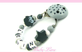 Schnullerkette mit Namen - Eule und Stern mit Sternclip von Schnullerkette mit Namen