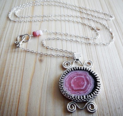 Pink Rhodochrosite and Sterling Silver Pendant, Stalactite Slice Handmade Unique Designer Statement Boho Necklace Ready to Ship Gift for Her von Gaia's Candy