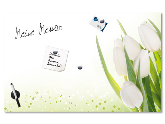 Glas Magnettafel Tulpen weiß Blumen Punkte von GrazDesign