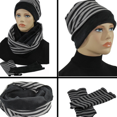 3er Set Mütze Schal Stulpen Set grau-schwarz 3er Set Mütze Schal Stulpen Set grau-schwarz von klennes