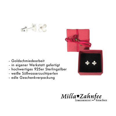 Kinderohrringe: Ohrstecker Blume - 925 Silber, Perle von MillaZahnfee, Schmuckwerkstatt Verena Brack